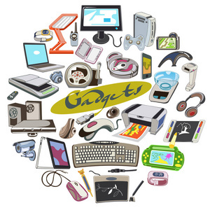 男手与电子产品 家用设备与运输矢量插图的创新融合